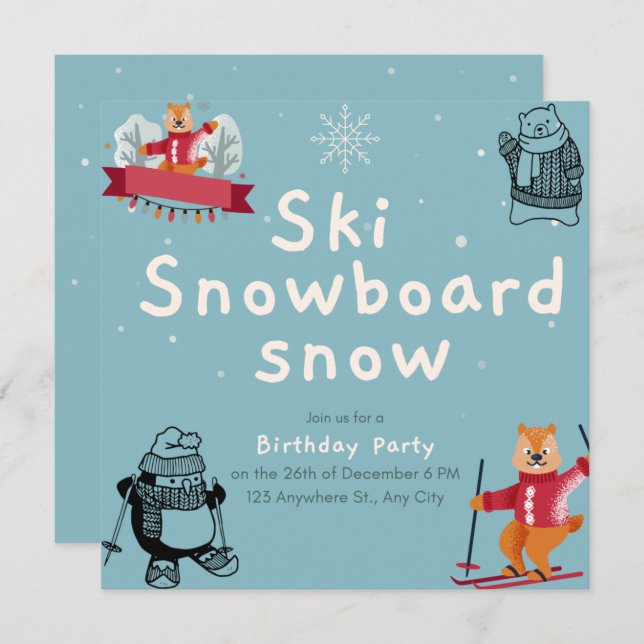 Convite Sking Birthday Party Slopes Ski Snowboard Snow (Frente/Verso)