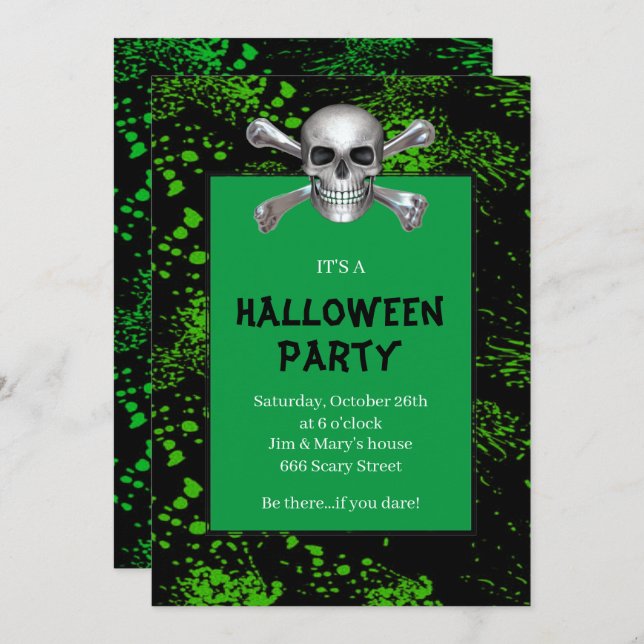 Convite Skull Crossbones Green - Festa de Halloween (Frente/Verso)