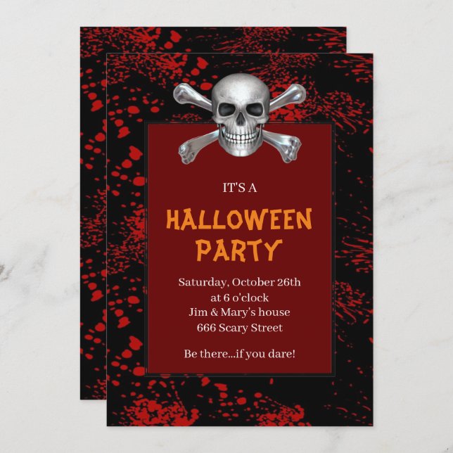 Convite Skull Crossbones Red Splattered Halloween (Frente/Verso)
