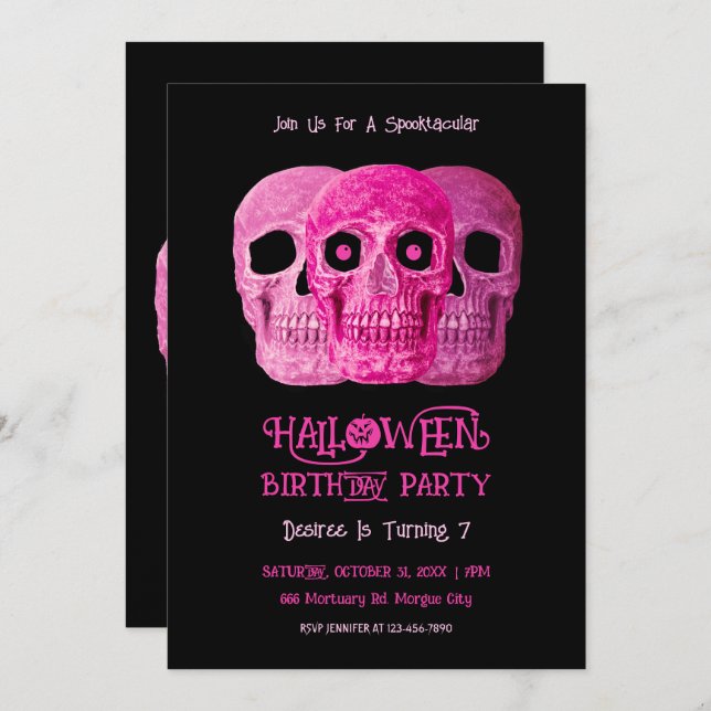 Convite Skull Engraçado Gótico Garota Rosa Rosa Halloween  (Frente/Verso)
