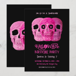 Convite Skull Engraçado Gótico Garota Rosa Rosa Halloween 
