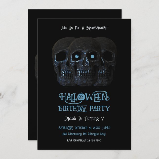 Convite Skull Engraçado Gótico Negro Halloween Aniversário (Frente/Verso)