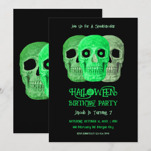 Convite Skull Engraçado Gótico Verde Negro Dia das Bruxas