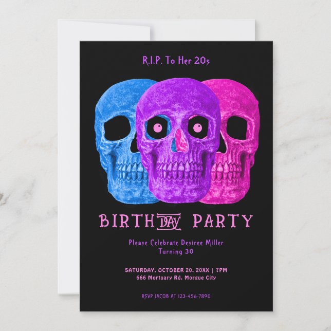Convite Skull Funny Purple Gothic Birthday RIP para seus 2 (Frente)