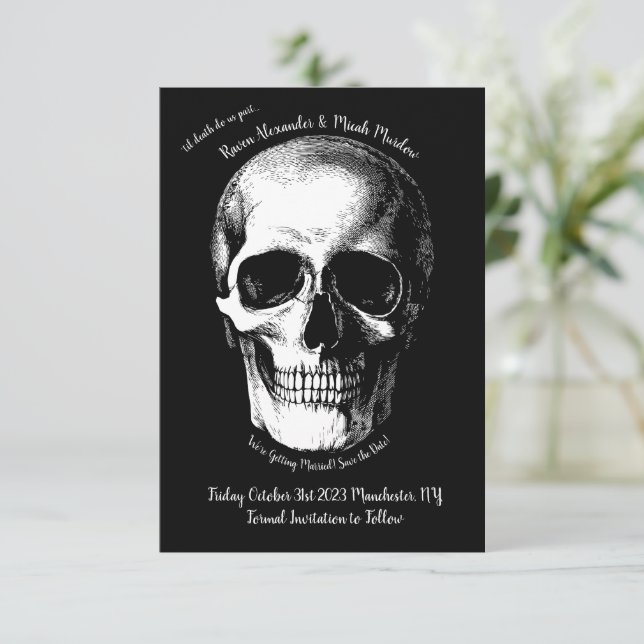 Convite Skull Gothic Wedding Salvar Data (Em pé/Frente)