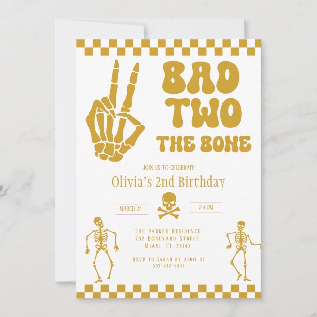 Convite Skull Skeleton Bad to the Bone 2nd Birthday  (Frente)