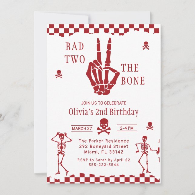 Convite Skull Skeleton Bad to the Bone 2nd Birthday  (Frente)