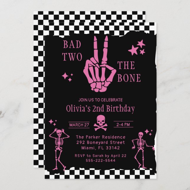 Convite Skull Skeleton Bad to the Bone 2nd Birthday  (Frente/Verso)