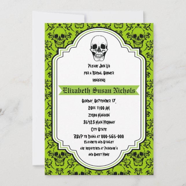 Convite Skulls damask green, chá de panela de casamento pr (Frente)