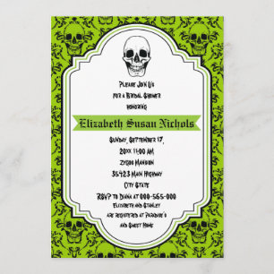Convite Skulls damask green, chá de panela de casamento pr