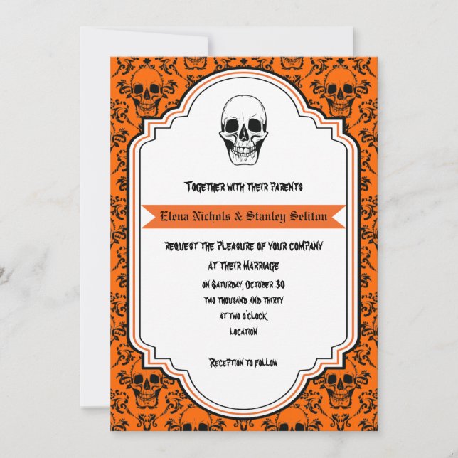 Convite Skulls damask laranja, casamento preto no Hallowee (Frente)