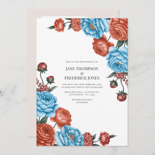 Convite Sky Blue and Terracotta Watercolor Floral Wedding (Frente/Verso)