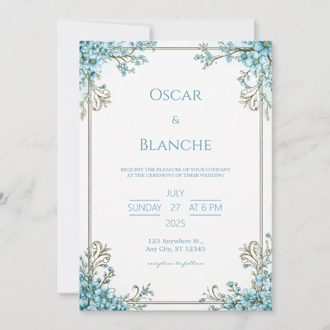 Convite Sky Blue Blossom Elegant Gold Frame Wedding (Frente)