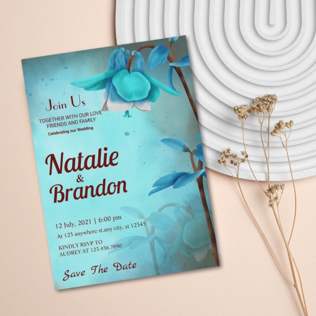 Convite Sky Blue & Brown Wild Flower Salve a data do casam (Criador carregado)