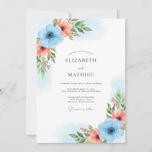Convite Sky Blue Coral Bloom Wedding (Frente)