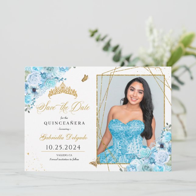 Convite Sky Blue & Dourado Quinceañera Salve a Foto da Dat (Em pé/Frente)