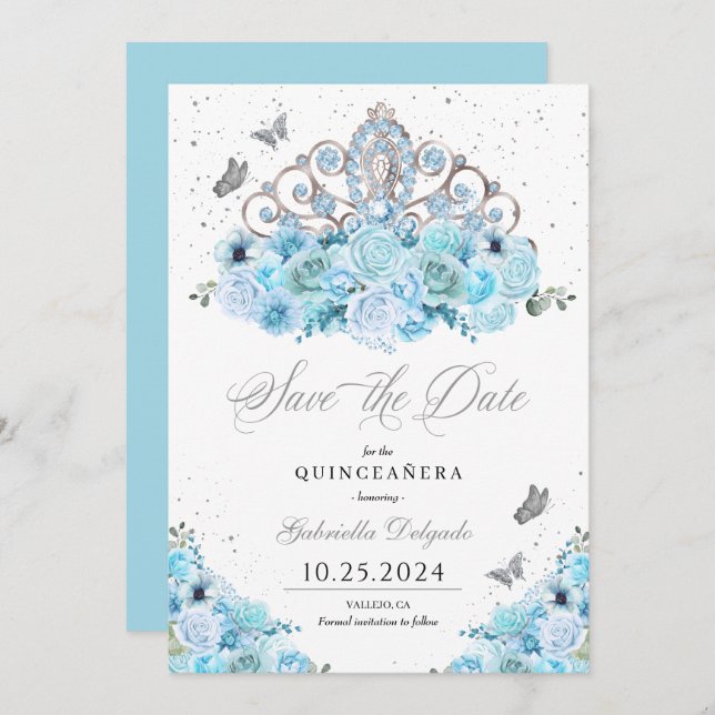 Convite Sky Blue & Silver Tiara Salvar a Data Quinceañera (Frente/Verso)