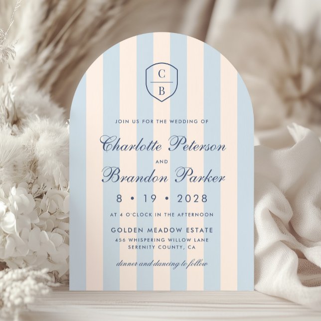 Convite Sky Blue Stripes Monograma Crest Casamento (Criador carregado)