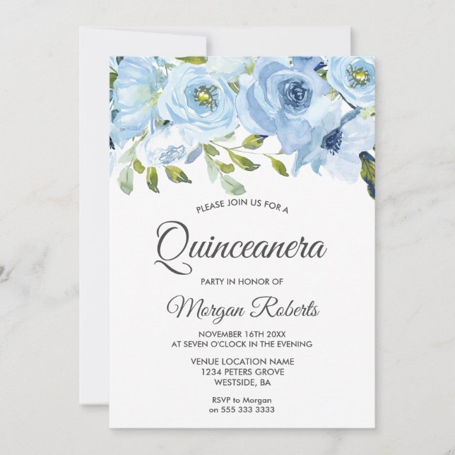 Convite Sky Blue Watercolor Flowers Moderno Quinceanera (Frente)