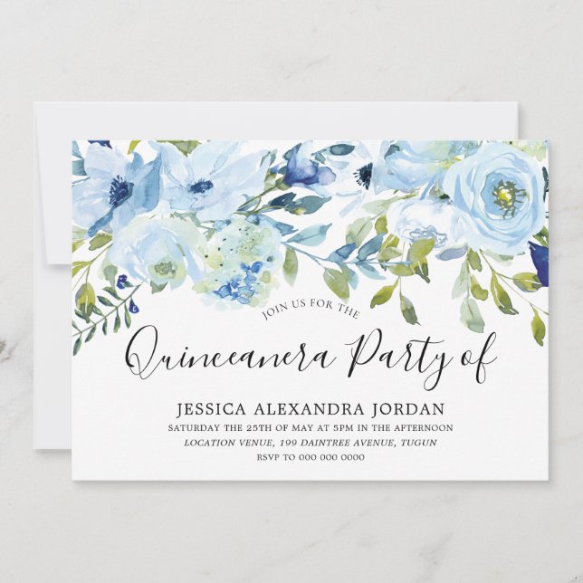 Convite Sky Blue Watercolor Flowers Quinceanera Party (Frente)