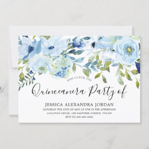 Convite Sky Blue Watercolor Flowers Quinceanera Party