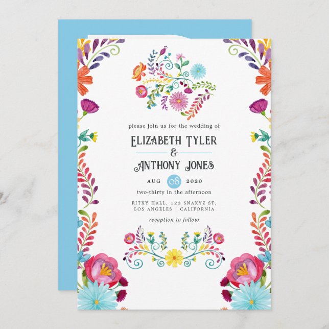 Convite Sky Blue & White Floral Mexican Fiesta Wedding (Frente/Verso)