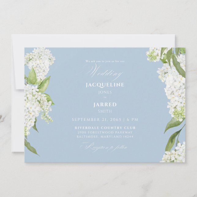 Convite Sky Blue White Hydrangeas Wedding II (Frente)