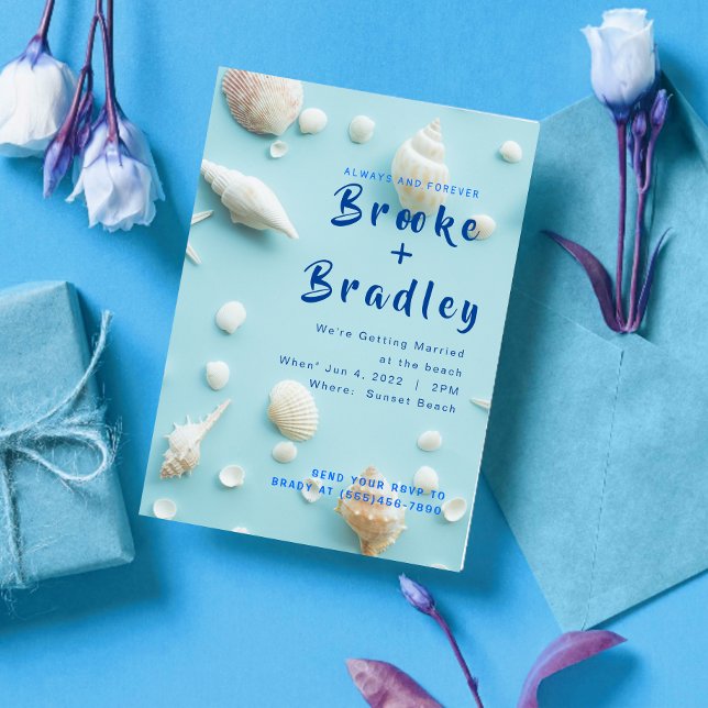 Convite Sky Blue White Seashells Beach Wedding (Criador carregado)