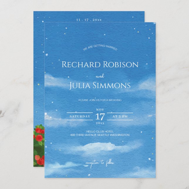 Convite SKY Save The Date /Céu de Aquarela Nuvem (Frente/Verso)