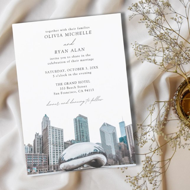 Convite Skyline Black & White do Casamento Moderno de Chic (Modern Chicago Wedding Skyline Black & White Invitation
)