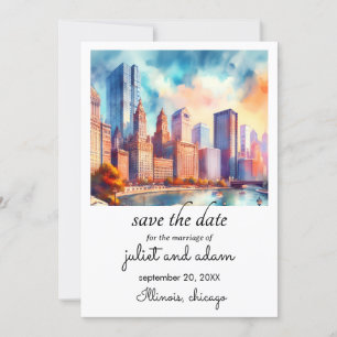Convite skyline de casamento de chicago azul salve a data