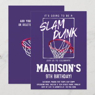 Convite Slam Dunk Basbol Festa de aniversário Roxa Qualque