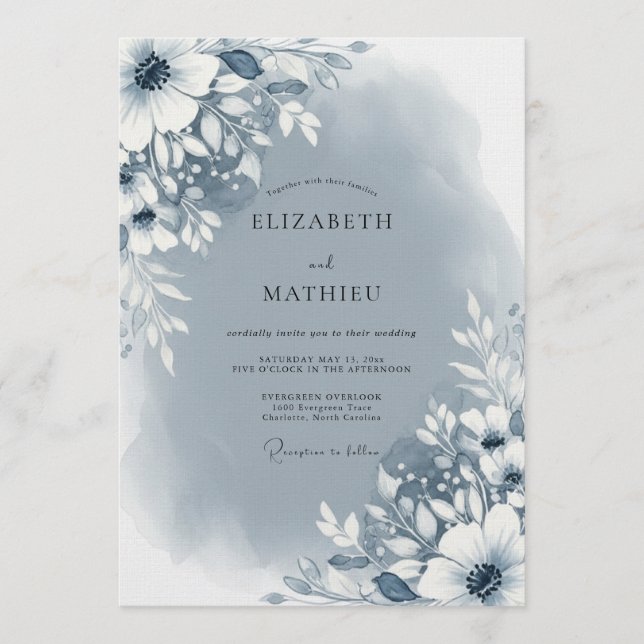Convite Slate Blue Abstract Floral Wedding (Frente)