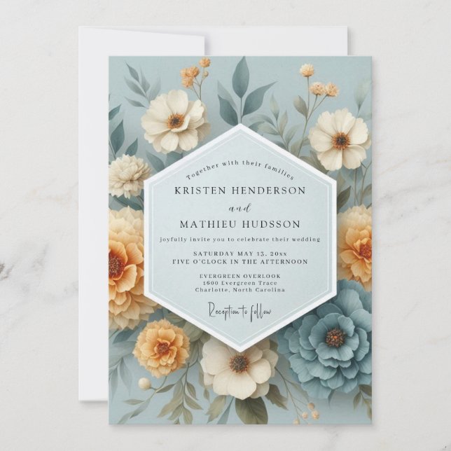 Convite Slate Blue Amber Bloom Wedding (Frente)