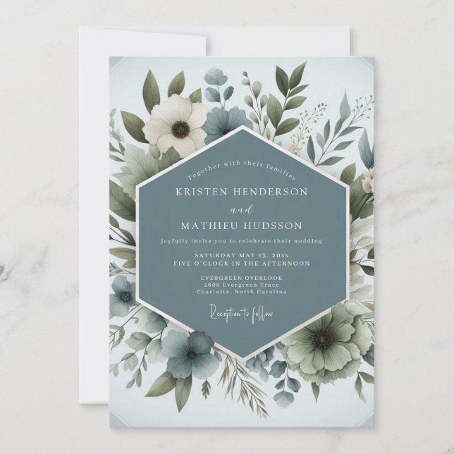 Convite Slate Blue Aqueous Bloom Wedding (Frente)