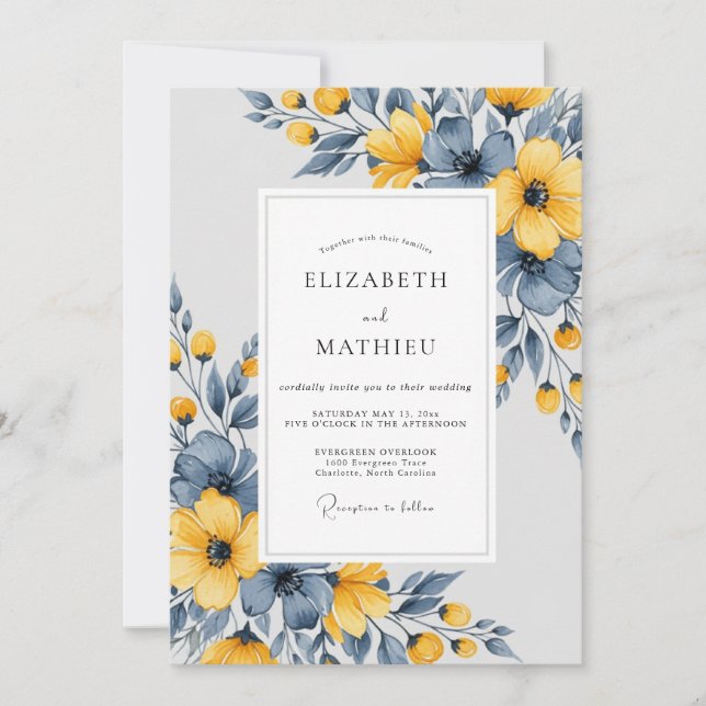 Convite Slate Blue Artistic Botanical Wedding (Frente)
