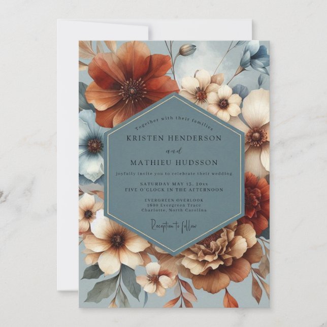 Convite Slate Blue Auburn Flora Wedding (Frente)