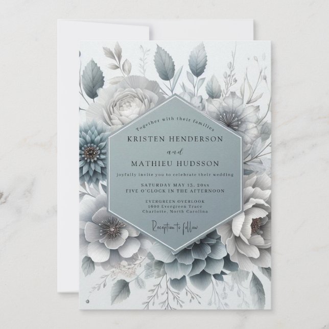 Convite Slate Blue Aura Floral Wedding (Frente)