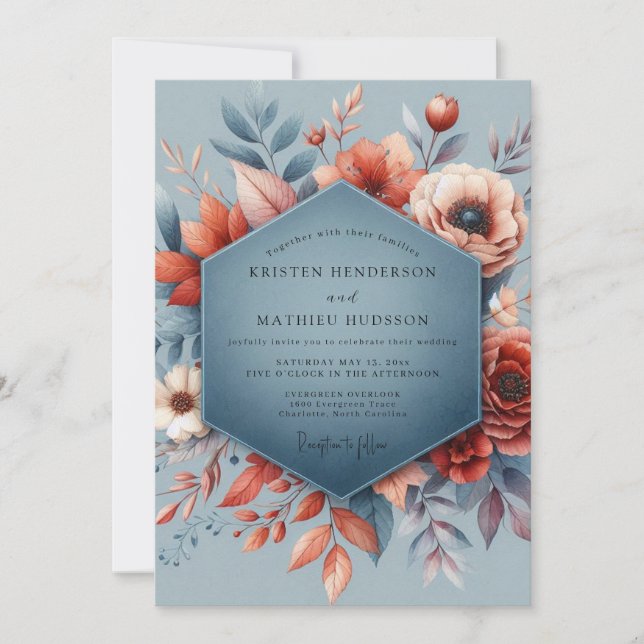 Convite Slate Blue Autumnal Bloom Wedding (Frente)