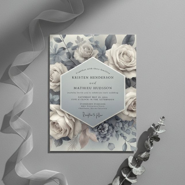 Convite Slate Blue Bloom Ethereal Wedding (Criador carregado)
