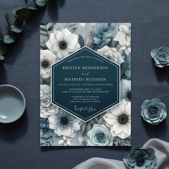 Convite Slate Blue Bloom Nocturne Wedding (Criador carregado)