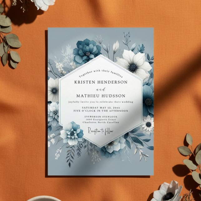Convite Slate Blue Bloom Romance Wedding (Criador carregado)