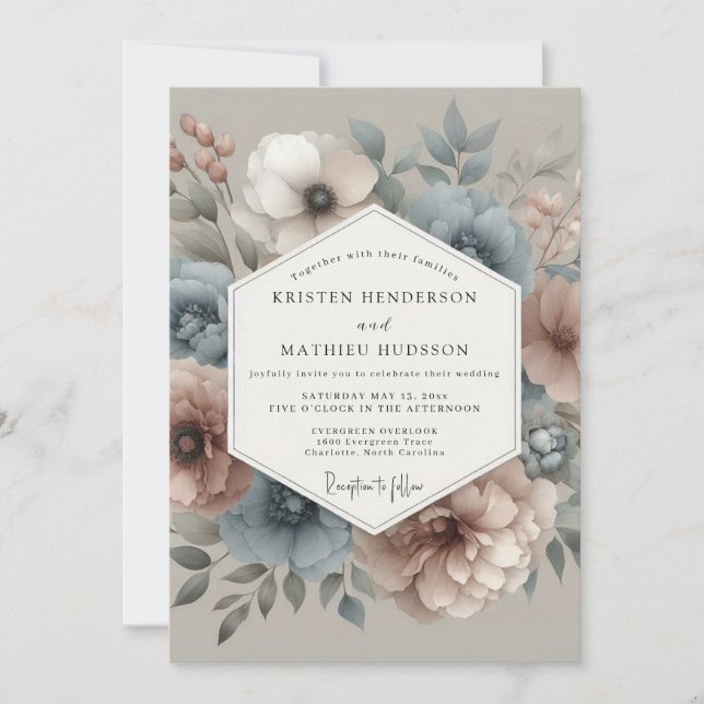Convite Slate Blue Blush Hazy Bloom Wedding (Frente)