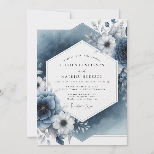Convite Slate Blue Botanical Elegance Wedding (Frente)