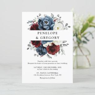 Convite Slate Blue Burgundy White Ivory Floral Casamento