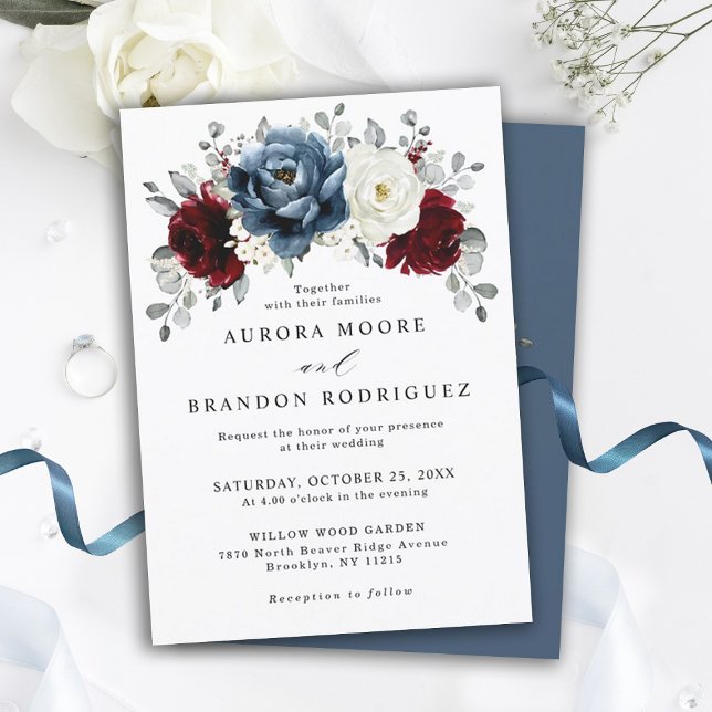 Convite Slate Blue Burgundy White Ivory Floral Casamento (Slate Blue Burgundy White Ivory Floral Wedding invitation)