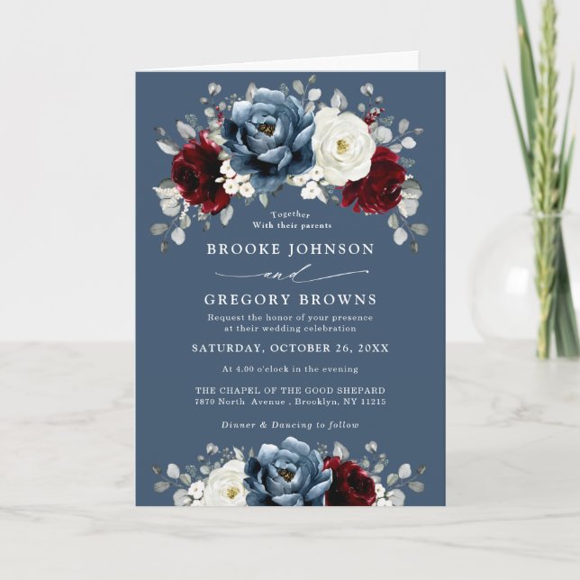 Convite Slate Blue Burgundy White Ivory Floral Casamento E (Frente)