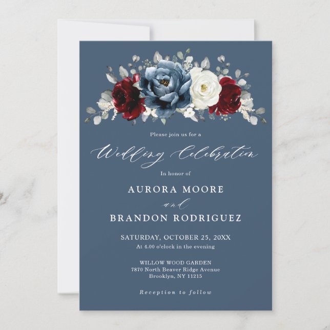 Convite Slate Blue Burgundy White Ivory Floral Casamento E (Frente)