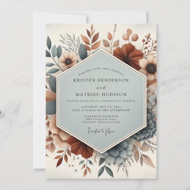 Convite Slate Blue Burnt Orange Floral Wedding (Frente)