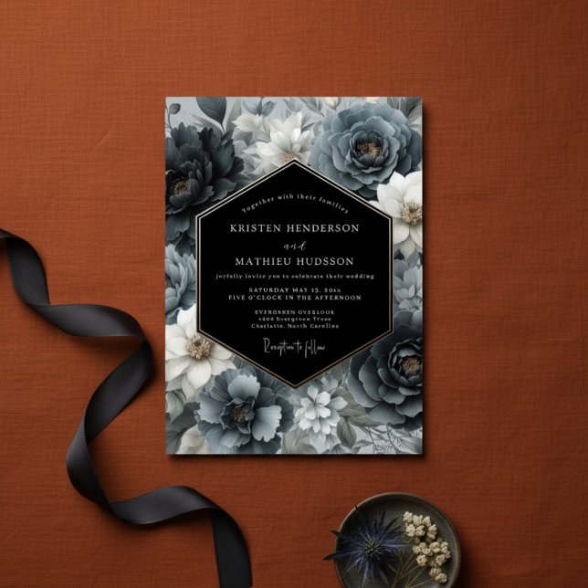 Convite Slate Blue Dark Bloom Wedding (Criador carregado)
